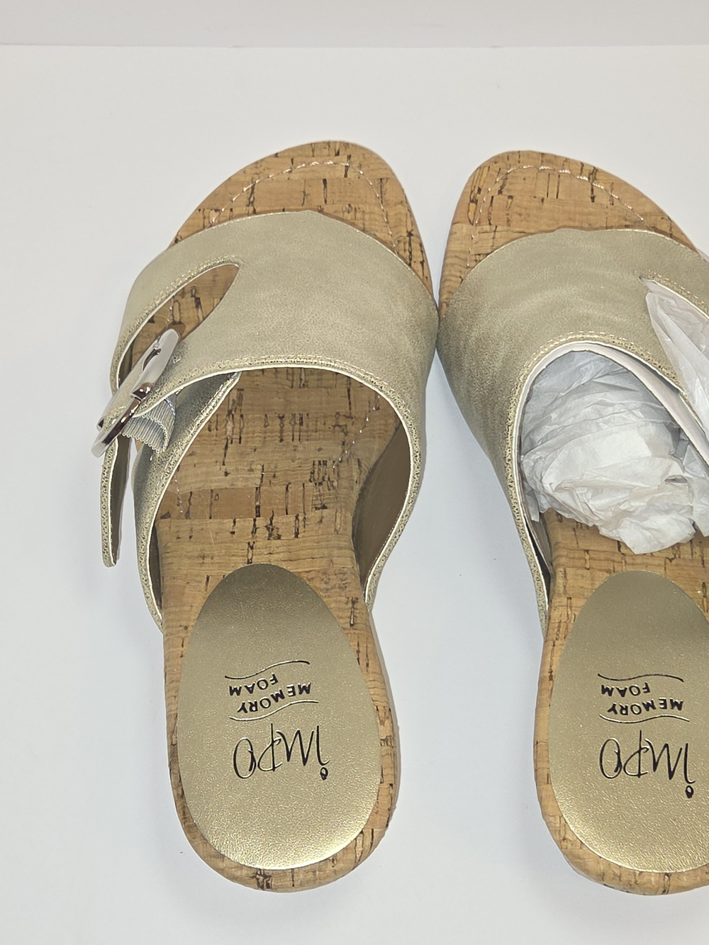 Impo Platino Giselle Metallic Gold Cork Wedge Slide with Silver Buckle - Picture 6 of 13